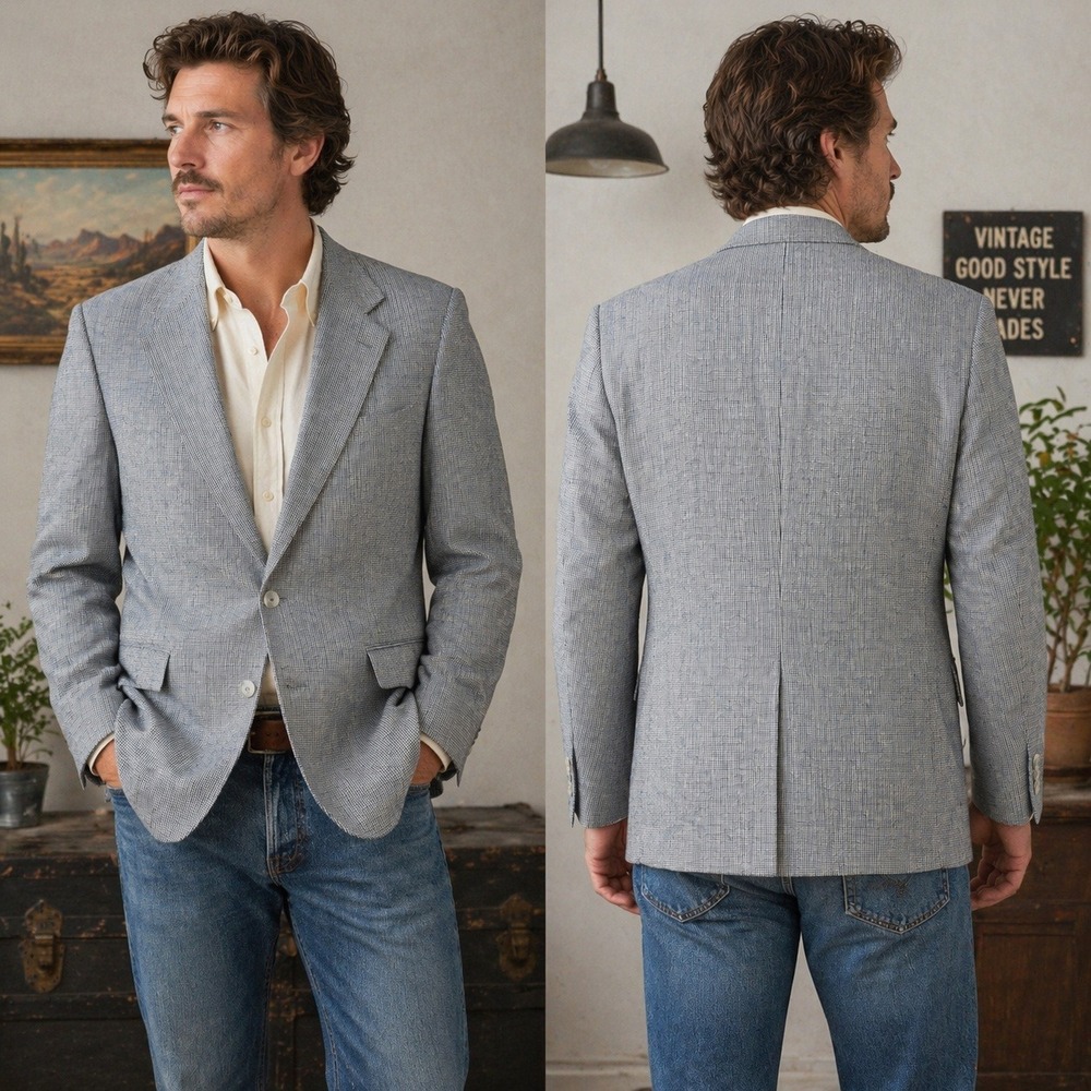 Circle S Dallas Texas Mens Blue Micro Check Western Sport Coat Blazer 44L USA